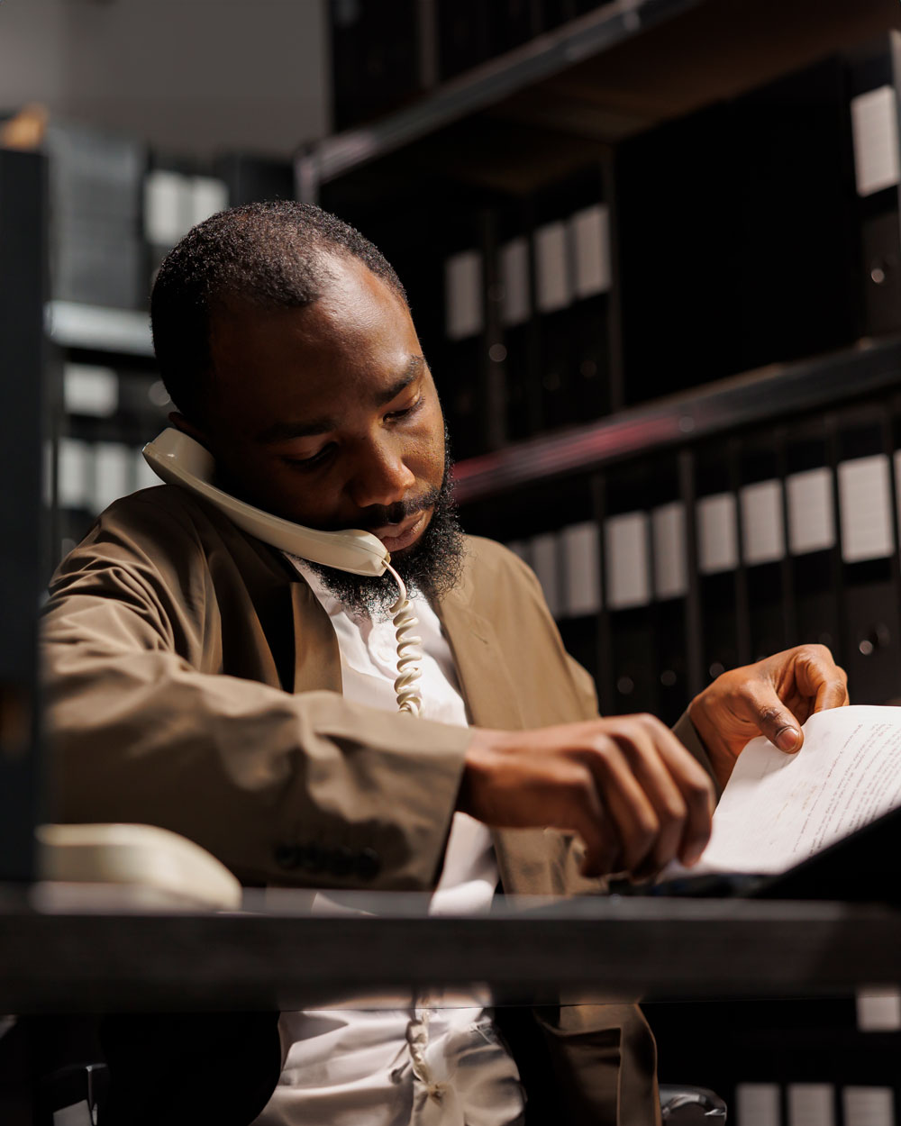 african-american-cop-answering-call-searching-information-police-report-detective-talking-landline-phone-asking-forensic-scientist-about-expertise-night-time